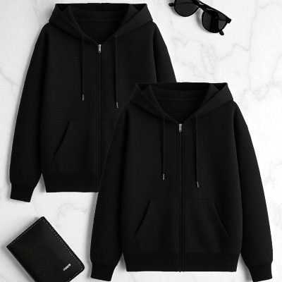 بسته فرصت ۲ عددی سویشرت مردانه و زنانه زیپ‌دار کلاه‌دار مشکی و طوسی - Siyah-Siyah