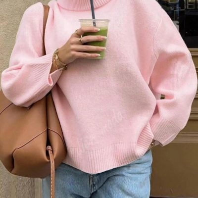ژاکت اورسایز زنانه یقه وی قرمز مدل Fmoda1970 - Pembe Balıkçı
