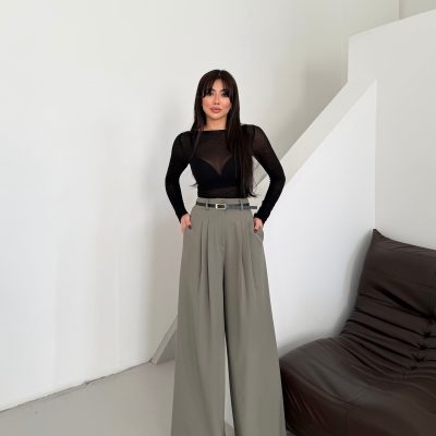 شلوار پالازو پلیسه دار با پاچه گشاد - خاکی