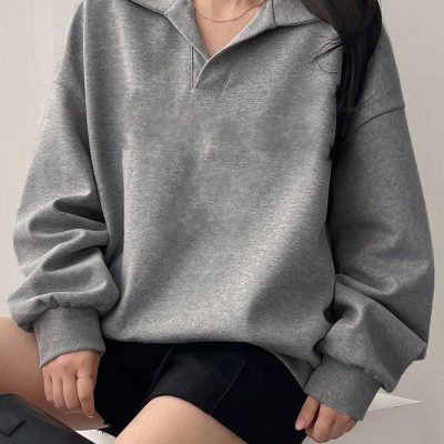 سویشرت اورسایز یقه‌دار (V-Neck) یونیسکس بیسیک - Gri856320
