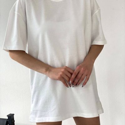 تیشرت پنبه‌ای یقه گرد اورسایز بوی‌فرند سبز - سفید