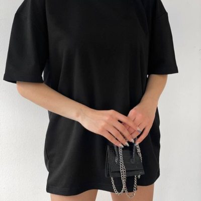 تیشرت پنبه‌ای یقه گرد اورسایز بوی‌فرند سبز - مشکی