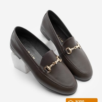 کفش لوفار زنانه چرم طبیعی با زنجیر مدل Tanle Taba Suede - Kahve