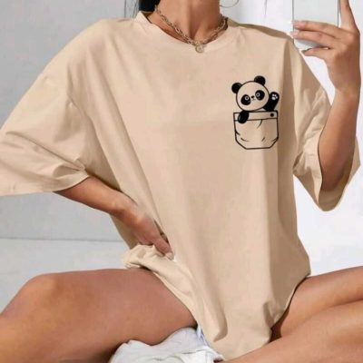 تیشرت پنبه‌ای یقه گرد اورسایز بوی‌فرند سبز - pandabaskılı