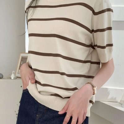 تیشرت پنبه‌ای یقه گرد اورسایز بوی‌فرند سبز - بژ