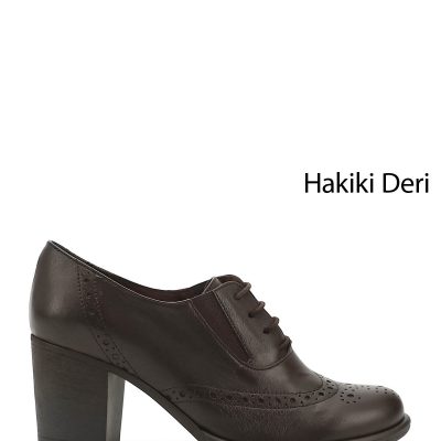 کفش زنانه چرم طبیعی مشکی بنددار با پاشنه متوسط کلاسیک آکسفورد - KAHVE ANTİK