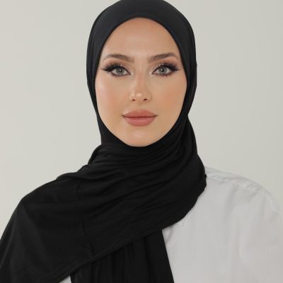 شال آنتراسیت لوکس پنبه‌ای زنانه - هدبند جرسی حجاب لایکرا - مشکی