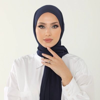 شال آنتراسیت لوکس پنبه‌ای زنانه - هدبند جرسی حجاب لایکرا - سورمه‌ای