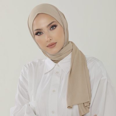 شال آنتراسیت لوکس پنبه‌ای زنانه - هدبند جرسی حجاب لایکرا - FİLDİŞİ
