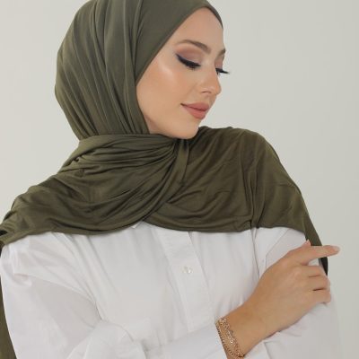 شال آنتراسیت لوکس پنبه‌ای زنانه - هدبند جرسی حجاب لایکرا - خاکی