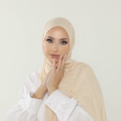 شال آنتراسیت لوکس پنبه‌ای زنانه - هدبند جرسی حجاب لایکرا - کرم