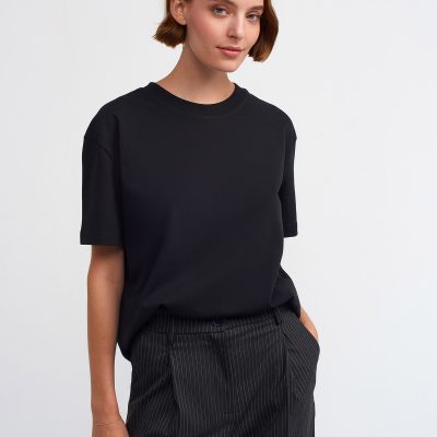 تیشرت یقه گرد دوخت تزئینی 30312 - قهوه‌ای تیره - 100% پنبه - BLACK(SİYAH)