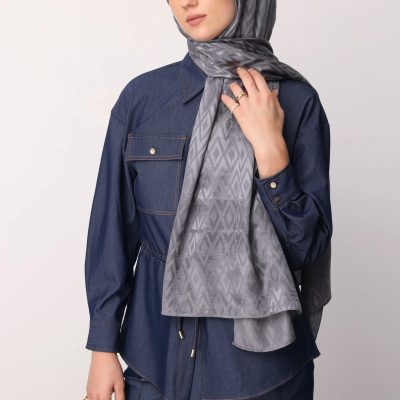 شال جاکارد براق با طرح کارو - خاکستری