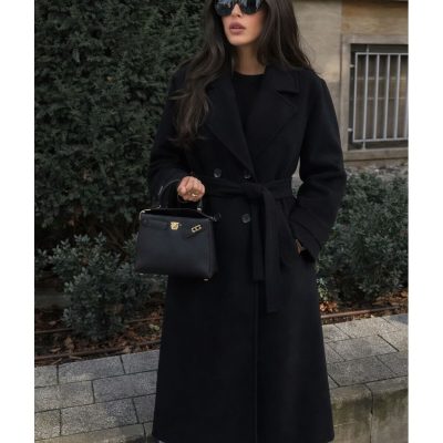 کاپشن کتان زنانه اورسایز طرح دار با آستین های خاص و یقه خز - مشکی