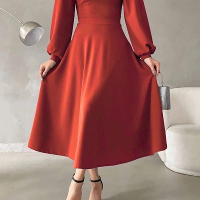 لباس میدی مشکی با آستین بادکنکی و یقه گرد - شرابی
