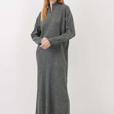 15839 Boydan Triko Elbise - گری - ذغالی
