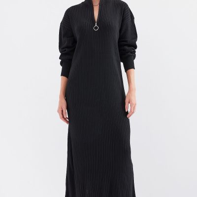15839 Boydan Triko Elbise - گری - مشکی