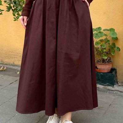 دامن کلوچ کتان جیب‌دار رنگ قهوه‌ای تلخ