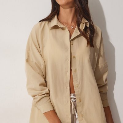 پیراهن زنانه سفید اورسایز بلند مدل DD00842 - Koyu Krem