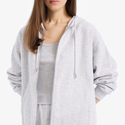 سویشرت هودی زنانه دوفاکتو مدل پمبه کژوال با کلاه — Gri Melanj Defacto