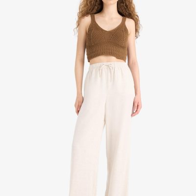 شلوار زنانه Mavi مدل Wide Leg با جیب، کمر بلند، قد استاندارد از جنس ترکیب کتان — بژ Defacto