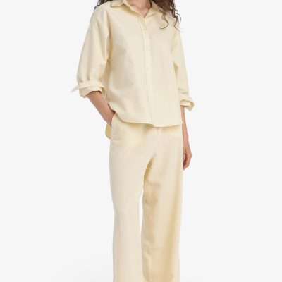 شلوار زنانه Mavi مدل Wide Leg با جیب، کمر بلند، قد استاندارد از جنس ترکیب کتان — بژ Defacto
