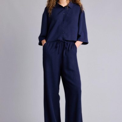 شلوار زنانه Mavi مدل Wide Leg با جیب، کمر بلند، قد استاندارد از جنس ترکیب کتان — سورمه‌ای Defacto