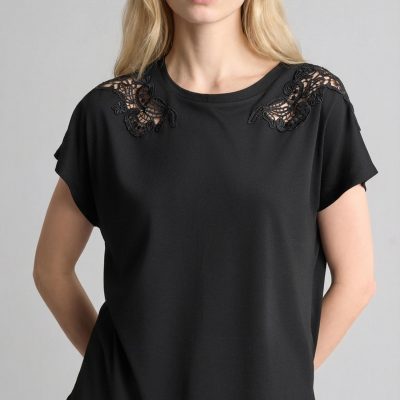 تیشرت زنانه مدل 3447189 با یقه گرد و آستین کوتاه — مشکی Defacto