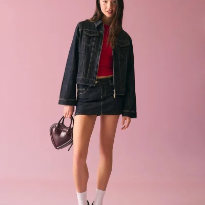 دامن جین مینی طرح دار با دوخت تزئینی bershka
