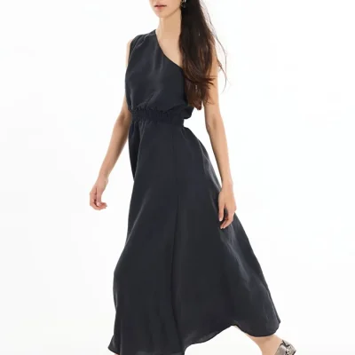 لباس میدی مشکی یک‌شانه با کش کمر Beli