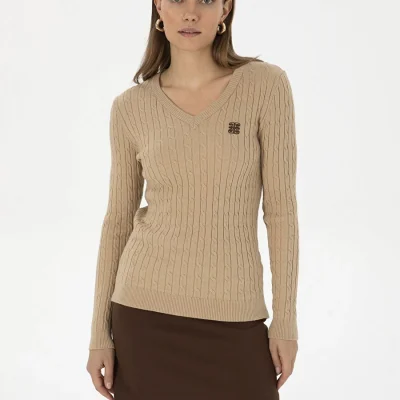 پیر کاردین ژاکت زنانه بژ مدل V Extra Slim Örgü ESPOV Pierre