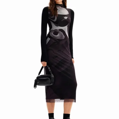 لباس بلند زنانه Desigual مشکی یقه گرد آستین بلند باتیک 24WWVK58