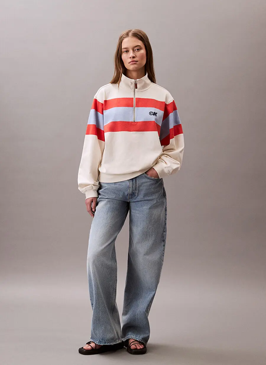 Calvin Klein Jeans سویشرت زنانه سفید یقه گرد راه راه LV047C229GXEM