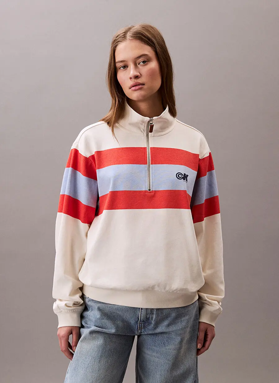 Calvin Klein Jeans سویشرت زنانه سفید یقه گرد راه راه LV047C229GXEM