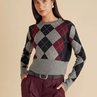 زنانه مشکی یقه گرد فیت استاندارد بافت لوزی پشمی Brooks Brothers