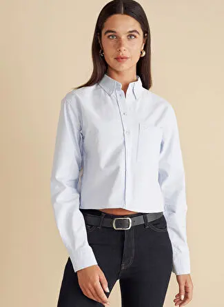 Brooks Brothers بلوز زنانه کراپ آکسفورد با گلدوزی آبی