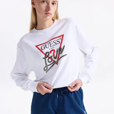 سویشرت زنانه Guess مدل Studded سفید با یقه گرد و چاپ برجسته