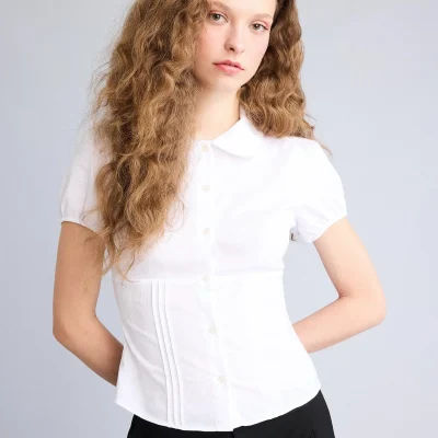 پیراهن سفید زنانه فیتد یقه بچه کوتاه آستین مدل 3407321 دیفکتو