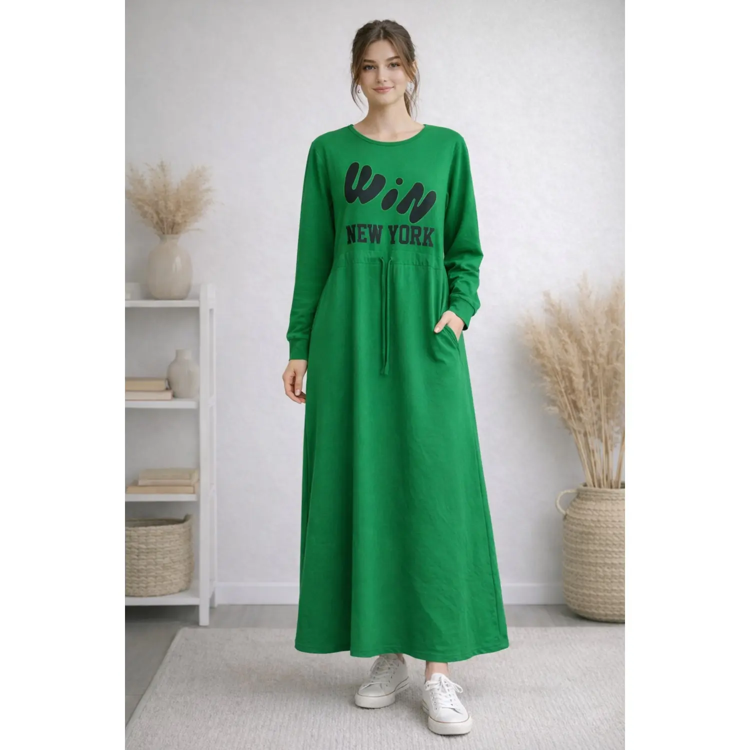 لباس بلند زنانه Win New York طرح چاپی آستین بلند روزمره hepsiburada