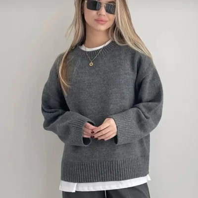 پلیور آنتراسیت یقه گرد اورسایز Gulce Moda