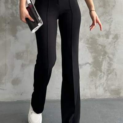 شلوار پالازو زنانه مشکی کمر بلند اسپانیولی مدل Ispanyol Paça Macharel Jeans
