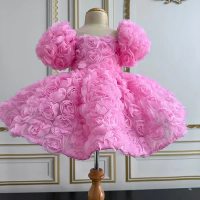 لباس دخترانه صورتی گل رز نرم مخصوص تولد و مهمانی Ilknur Karaca Design