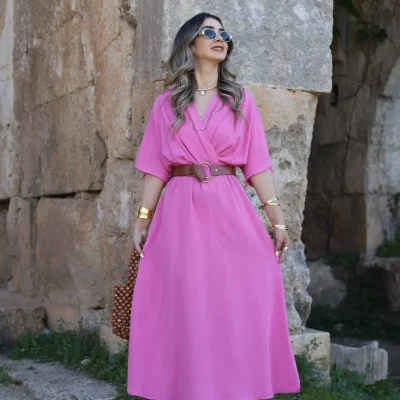 لباس زنانه کتان کروازه کمربنددار سایز استاندارد Bytugcekaya