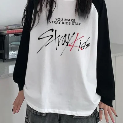 تیشرت سفید طرح دار مردانه Stray Kids Reglan آستین بلند Make Sense Toum
