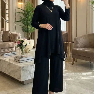 ست دو تکه مانتو و شلوار زنانه سندی مشکی با دامن حریر و شلوار پاچه گشاد Modamira