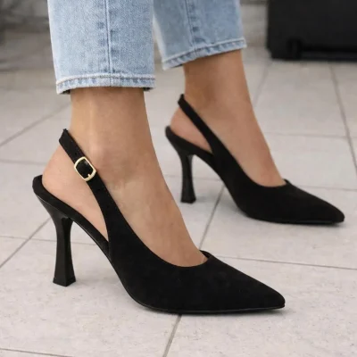 کفش زنانه استیلتو نوک‌تیز با بند و پاشنه بلند مشکی Loluk Moda