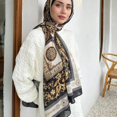 شال پنبه‌ای طرح رترو سبز و زرد Ahsenhijab