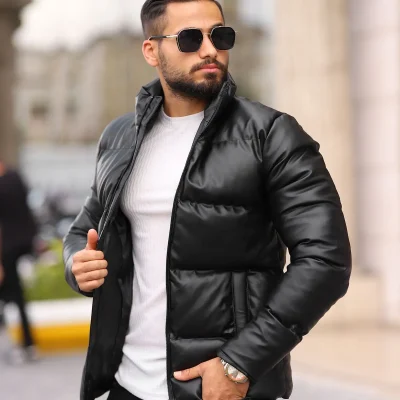 کت چرم مصنوعی پفی مردانه جدید با الیاف پرکننده S M Clothing