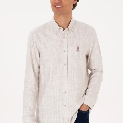 پیراهن مردانه آستین بلند طرح دار کرم 50316640-VR256 U S Polo Assn