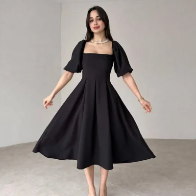 لباس میدی یقه مربعی با آستین بادکنکی و چیندار Afis Butik
